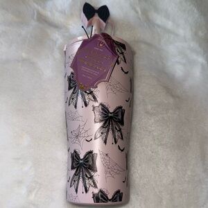 Pink Halloween Black Bows Spiderwebs Insulated Stainless Tumbler w/Lid Straw NWT